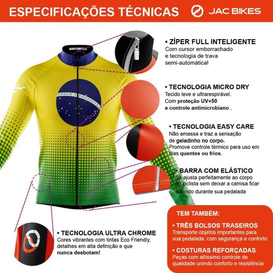 Camisa Ciclismo Copa Brasil Manga Longa Zíper Total Uv Bike Mtb Decole