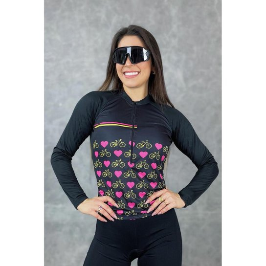 Camisa de Ciclismo Feminina Preta Bike Manga Longa Proteção Solar UV50+ Com Bolsos