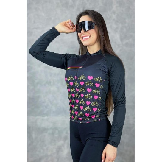 Camisa de Ciclismo Feminina Preta Bike Manga Longa Proteção Solar UV50+ Com Bolsos
