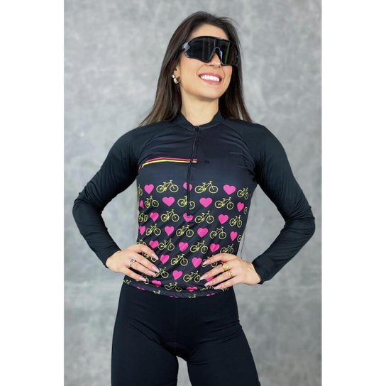 Camisa de Ciclismo Feminina Preta Bike Manga Longa Proteção Solar UV50+ Com Bolsos