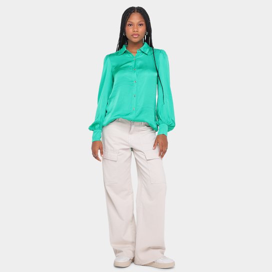 Camisa Manga Longa Farm Cetim Bufante Feminina