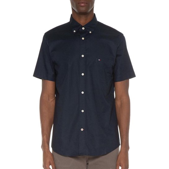 Camisa Tommy Hilfiger Masculina Manga Curta Regular Classic Poplin Azul Marinho