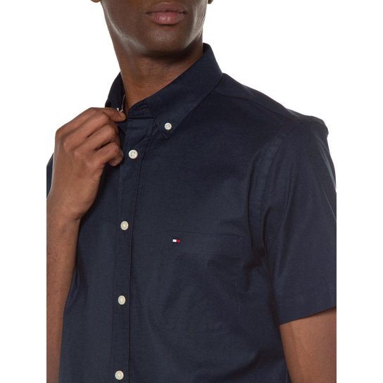 Camisa Tommy Hilfiger Masculina Manga Curta Regular Classic Poplin Azul Marinho