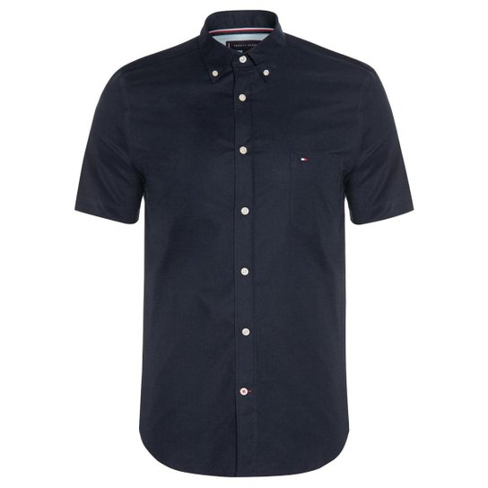 Camisa Tommy Hilfiger Masculina Manga Curta Regular Classic Poplin Azul Marinho