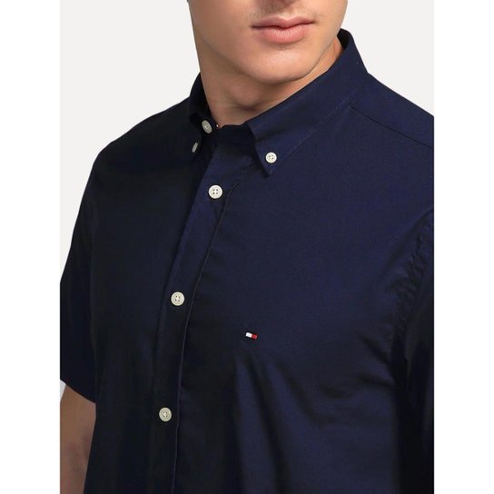 Camisa Tommy Hilfiger Masculina Manga Curta Regular Classic Poplin Azul Marinho