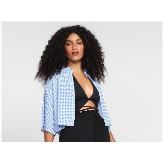 Camisa Vista   Cropped Xadrez Manga 3/4