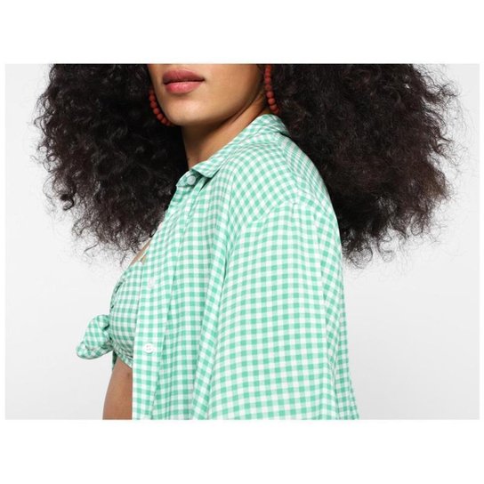 Camisa Vista Cropped Xadrez Manga 3/4