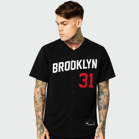 Camiseta Oversized Brooklyn 31 Estilo Streetwear Baseball Premiun Unissex Poliéster Preta