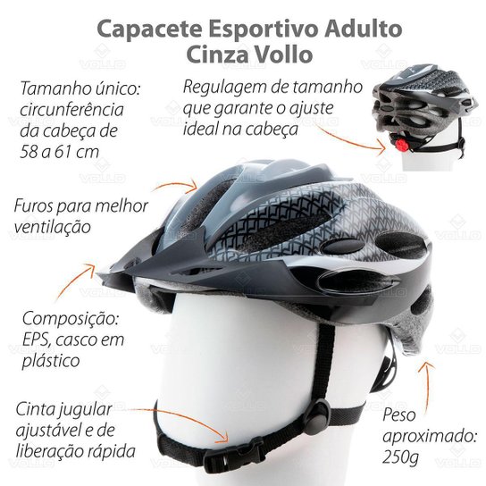Capacete Esportivo Adulto Cinza Vollo