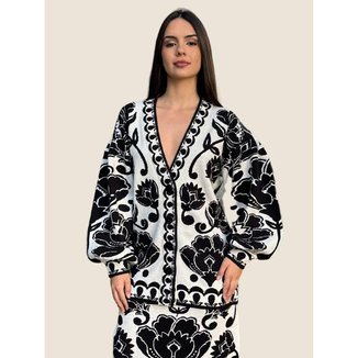 Cardigan Longo Tricot Floral Arabesque Farm Cor:;Tamanho:M