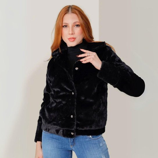 Casaco Feminino Peluciado Aconchego Teddy Manga Longa Peluciado Fecho em Botão