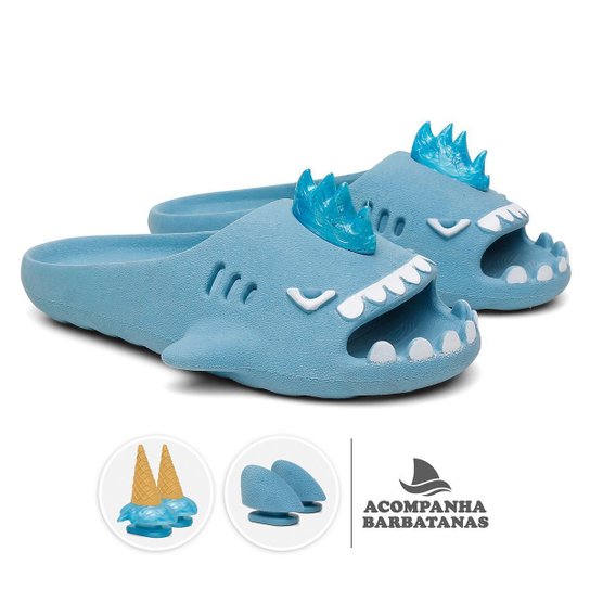 Chinelo Infantil Slide Sharky Fun Tubarão Punk Divertido e 2 Barbatanas Extra