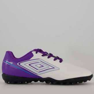 Chuteira Umbro Adamant Top Speed Society Juvenil Branca e Roxa