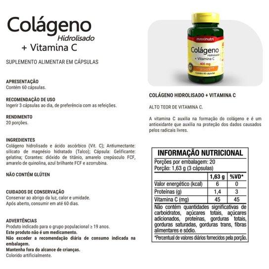 Colágeno Hidrolisado com Vitamina C 400mg 60 Cápsulas