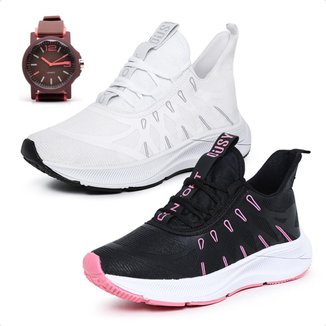 Combo 2 Pares Tênis Feminino Esportivo Academia Caminhada Musculação Treino com Relógio