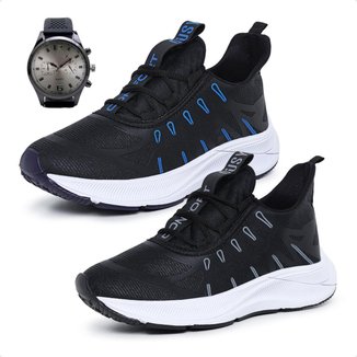 Combo 2 Pares Tênis Masculino Esportivo Academia Treino Musculação Caminhada com Relógio