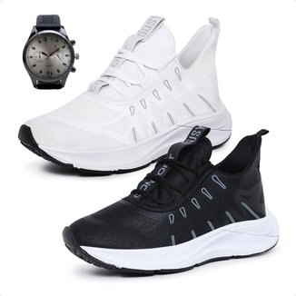 Combo 2 Pares Tênis Masculino Esportivo Academia Treino Musculação Caminhada com Relógio