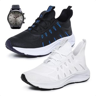 Combo 2 Pares Tênis Masculino Esportivo Academia Treino Musculação Caminhada com Relógio
