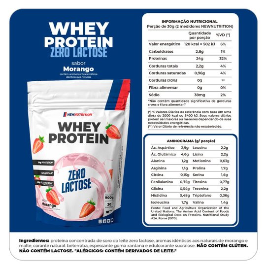 Combo 2 Whey Protein Concentrado Zero Lactose Morango 900g NEWNUTRITION