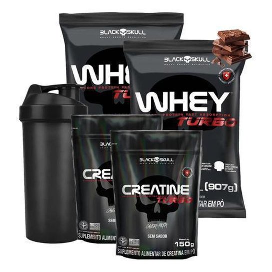 Combo 2x Whey Protein Turbo+ Creatina Black Skull+ Coqueteleira
