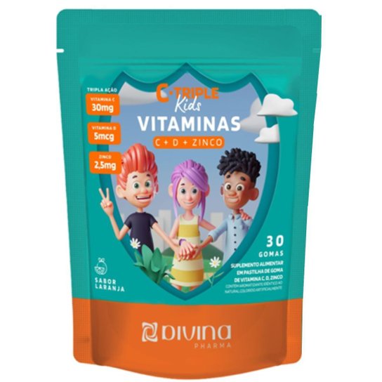 COMBO 3 C-TRIPLE KIDS VITAMINAS C + D + ZINCO 30 GOMAS CADA TOTAL 90 GOMAS LARANJA – DIVINA