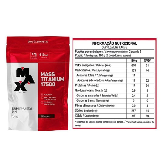 Combo Hipercalórico Mass 17500 Refil 1,4kg, Creatina 300g e Coqueteleira Max