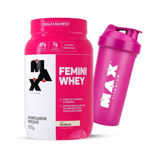 Combo Max Titanium Femini Whey 900g e Coqueteleira Rosa
