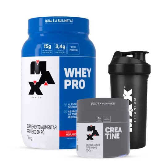 Combo Max Titanium Whey Pro 1kg Creatina 100g Coqueteleira