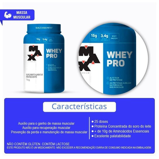 Combo Max Titanium Whey Pro 1kg Creatina 100g Coqueteleira