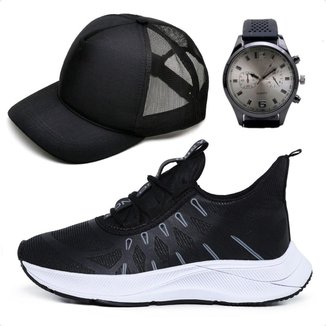 Combo Tênis Masculino Esportivo Academia Treino Musculação Caminhada Casual com Relógio e Boné