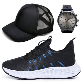 Combo Tênis Masculino Esportivo Academia Treino Musculação Caminhada Casual com Relógio e Boné