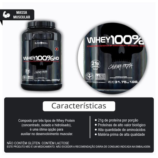 Combo Whey 100% HD 900g e Creatina Pura 150g Black Skull