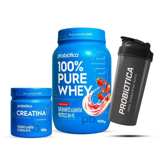 Combo Whey 100% Pure 900g, Creatina 100g e Coqueteleira Probiótica