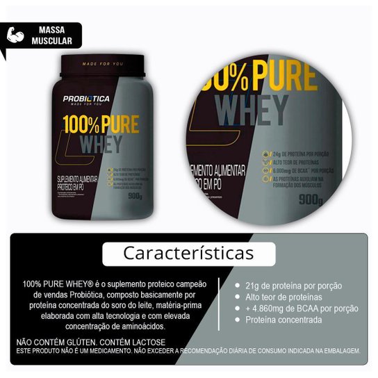 Combo Whey 100% Pure 900g, Creatina 100g e Coqueteleira Probiótica