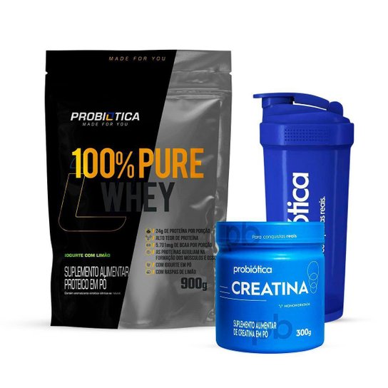 Combo Whey 100% Pure 900g, Creatina 300g e Coqueteleira