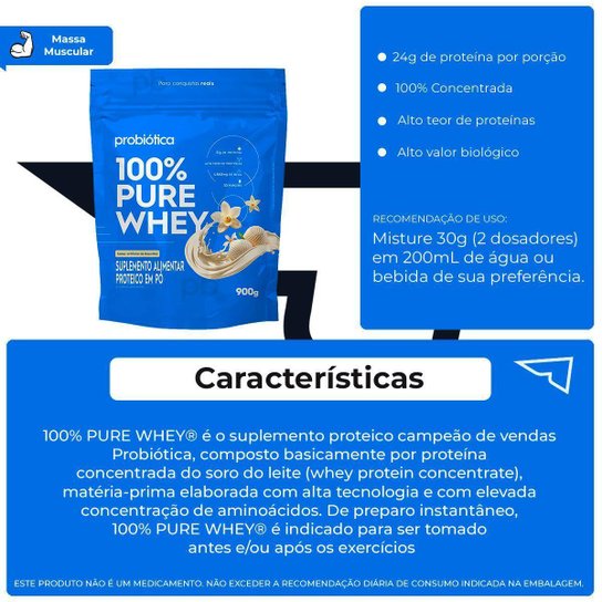 Combo Whey 100% Pure 900g, Creatina 300g e Coqueteleira