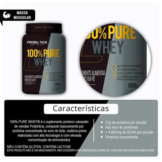 Combo Whey 100% Pure 900g e Creatina Pura 100g Probiótica