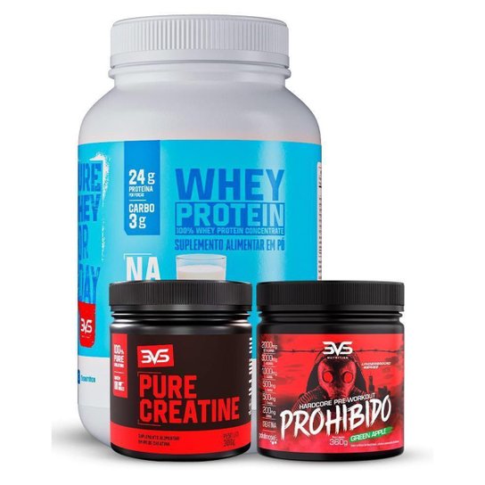 Combo Whey 100% Sabor Natural + Creatina Pura 300gr + Pré Treino Prohibido Sabor Maça Verde 360gr