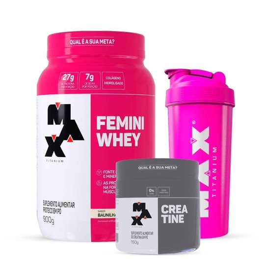 Combo Whey Feminino 900g, Creatina 150g e Coqueteleira
