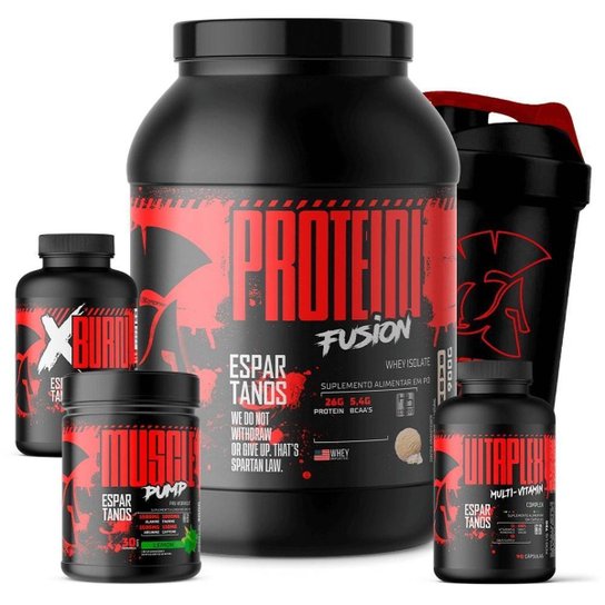 Combo Whey Protein Fusion + Pré Treino + Termogênico + Vit + Shaker - Espartanos
