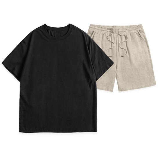 Conjunto Camiseta Oversized Streetwear e Short Bermuda Linho Casual Masculino Basico Praia