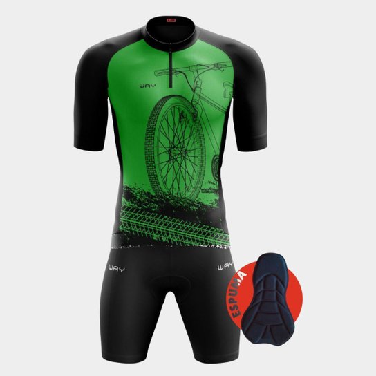 Conjunto Ciclismo Masculino Camisa Bike Verde Manga Curta Bolso Ziper Bermuda Forro Espuma