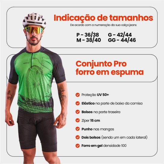 Conjunto Ciclismo Masculino Camisa Bike Verde Manga Curta Bolso Ziper Bermuda Forro Espuma
