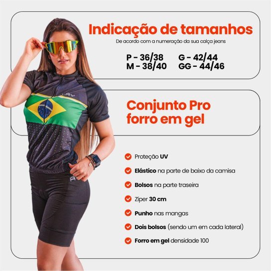 Conjunto de Ciclismo Feminino PRO Camisa Manga Curta e Bermuda Gel Proteção Solar Respirável