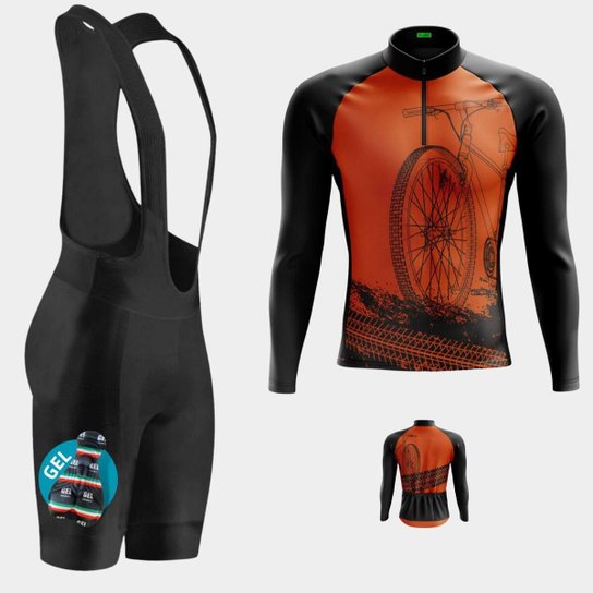 Conjunto de Ciclismo Masculino Camisa Bike Laranja PRO Manga Longa Bolso Traseiro e Bretelle Gel