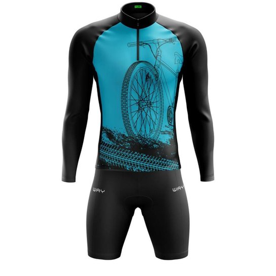 Conjunto de Ciclismo Masculino Camisa Bike Roda Manga Longa e Bermuda Gel