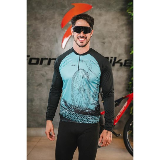 Conjunto de Ciclismo Masculino Camisa Bike Roda Manga Longa e Bermuda Gel