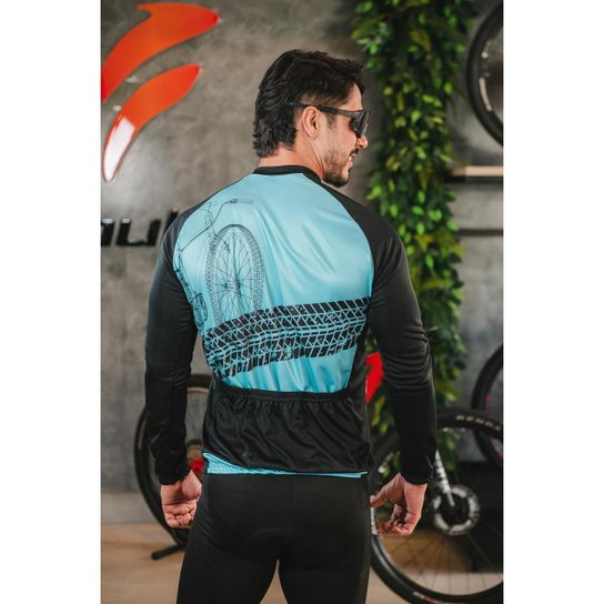 Conjunto de Ciclismo Masculino Camisa Bike Roda Manga Longa e Bermuda Gel