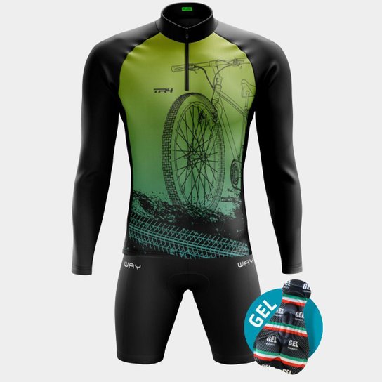 Conjunto de Ciclismo Masculino Camisa Bike Roda Manga Longa e Bermuda Gel