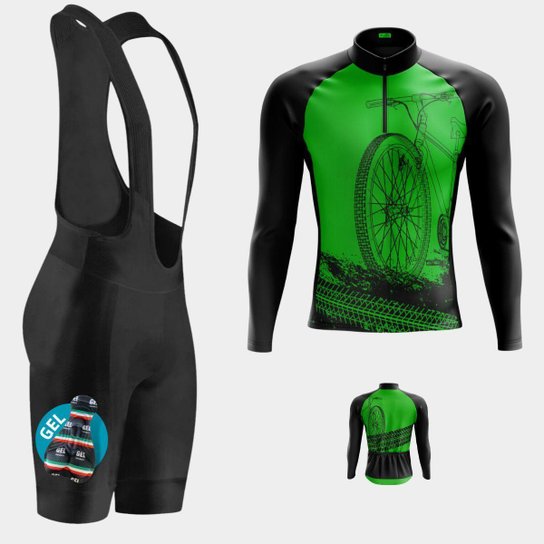 Conjunto de Ciclismo Masculino Camisa Bike Verde PRO Manga Longa Bolso Traseiro e Bretelle Gel